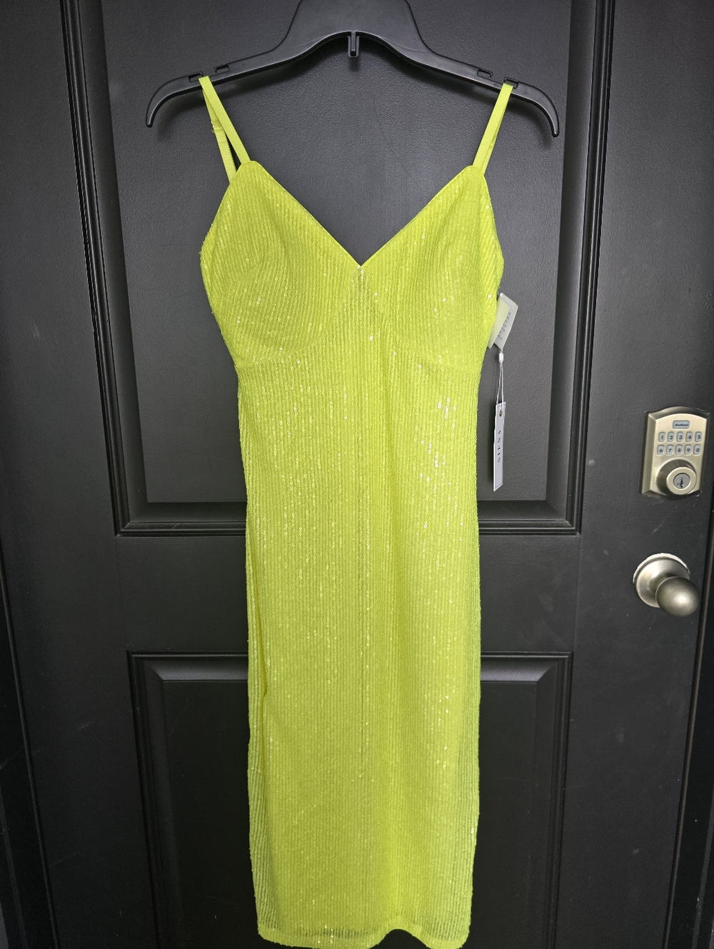 Siena Neon Yellow Sequin Midi Dress Size 2 Bodycon Spaghetti Strap Party Club